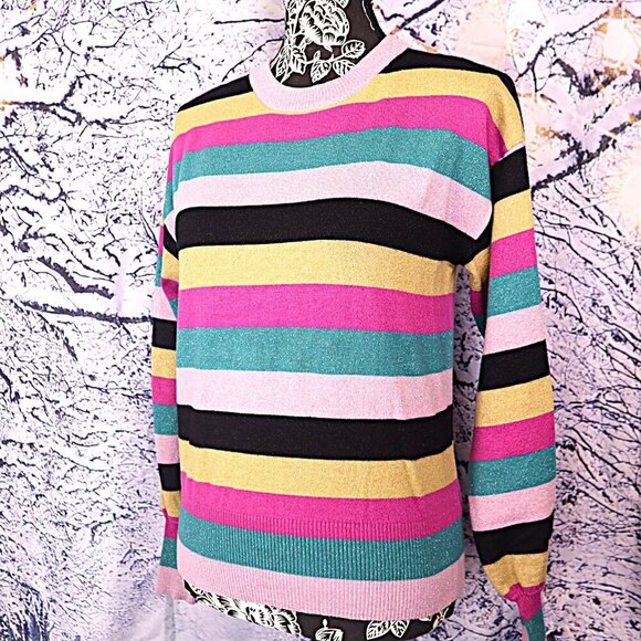 METALLIC STRIPE SWEATER M Nine West Bright Colorful Casual Spring Easter Office - Picture 8 of 12